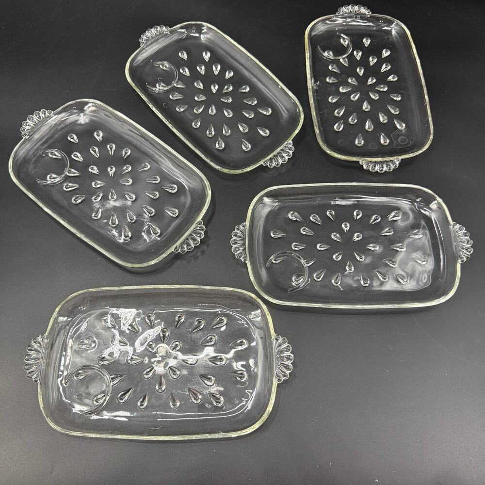 set of 5 vintage Hazel-Atlas Informal clear teardrop Snack Plates glassware